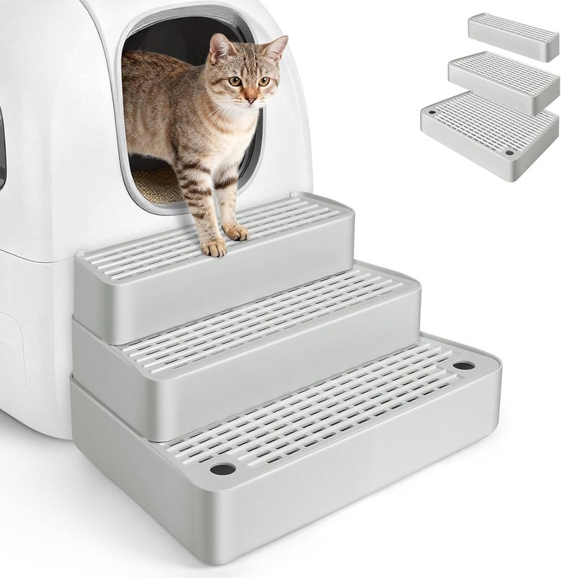 Bartuke Extra Large 3 Steps Litter Box Ramp, Adjustable Cat Litter Box Step with Filter Function, Easy to Clean Cat Litter Stair Catcher for Elderly Cats and Kitten (Light Grey) - Image 1
